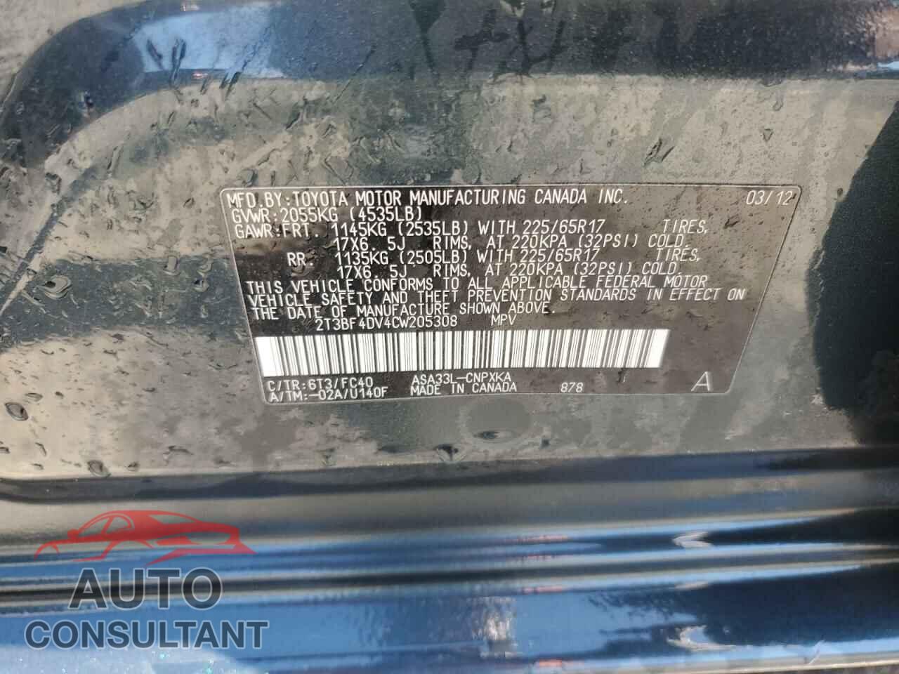 TOYOTA RAV4 2012 - 2T3BF4DV4CW205308