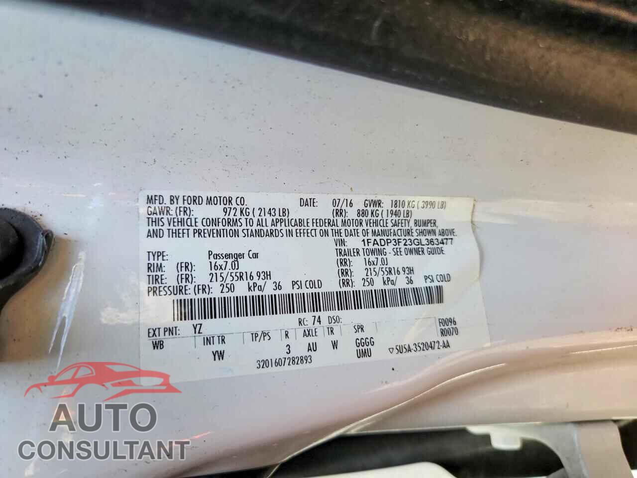 FORD FOCUS 2016 - 1FADP3F23GL363477