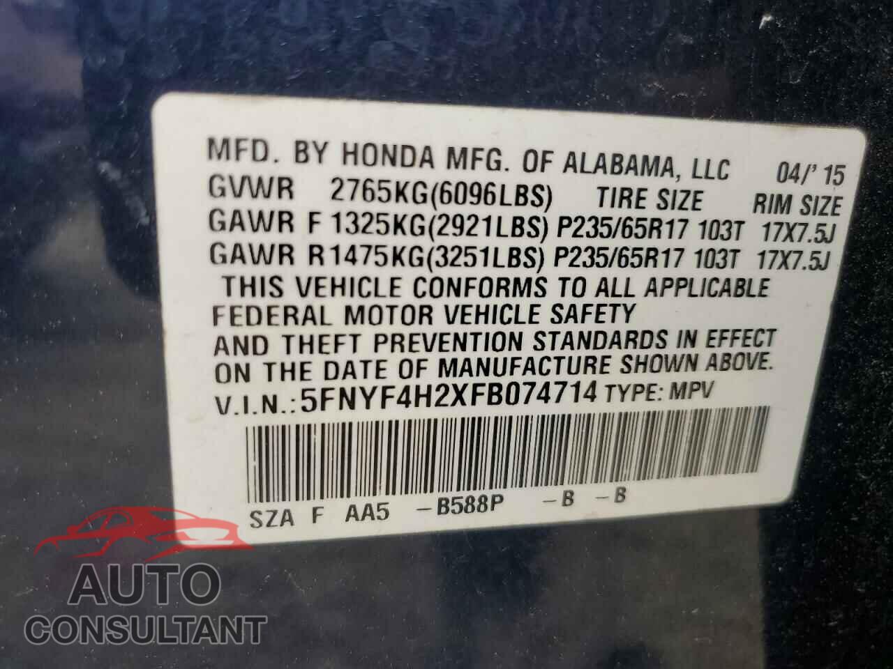 HONDA PILOT 2015 - 5FNYF4H2XFB074714