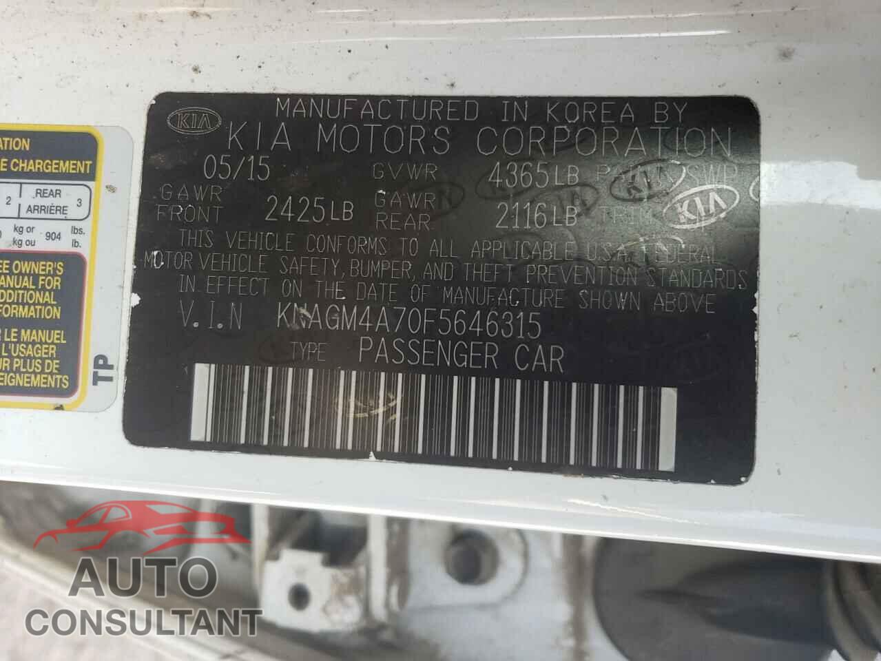 KIA OPTIMA 2015 - KNAGM4A70F5646315