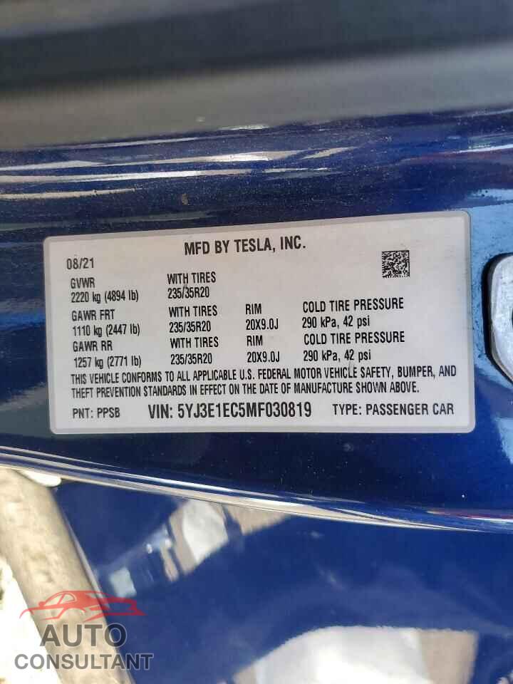 TESLA MODEL 3 2021 - 5YJ3E1EC5MF030819