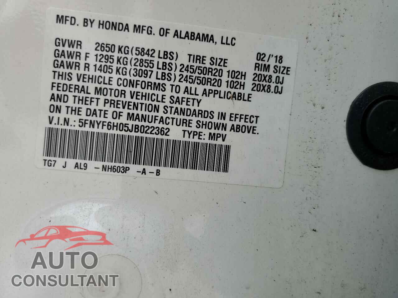 HONDA PILOT 2018 - 5FNYF6H05JB022362