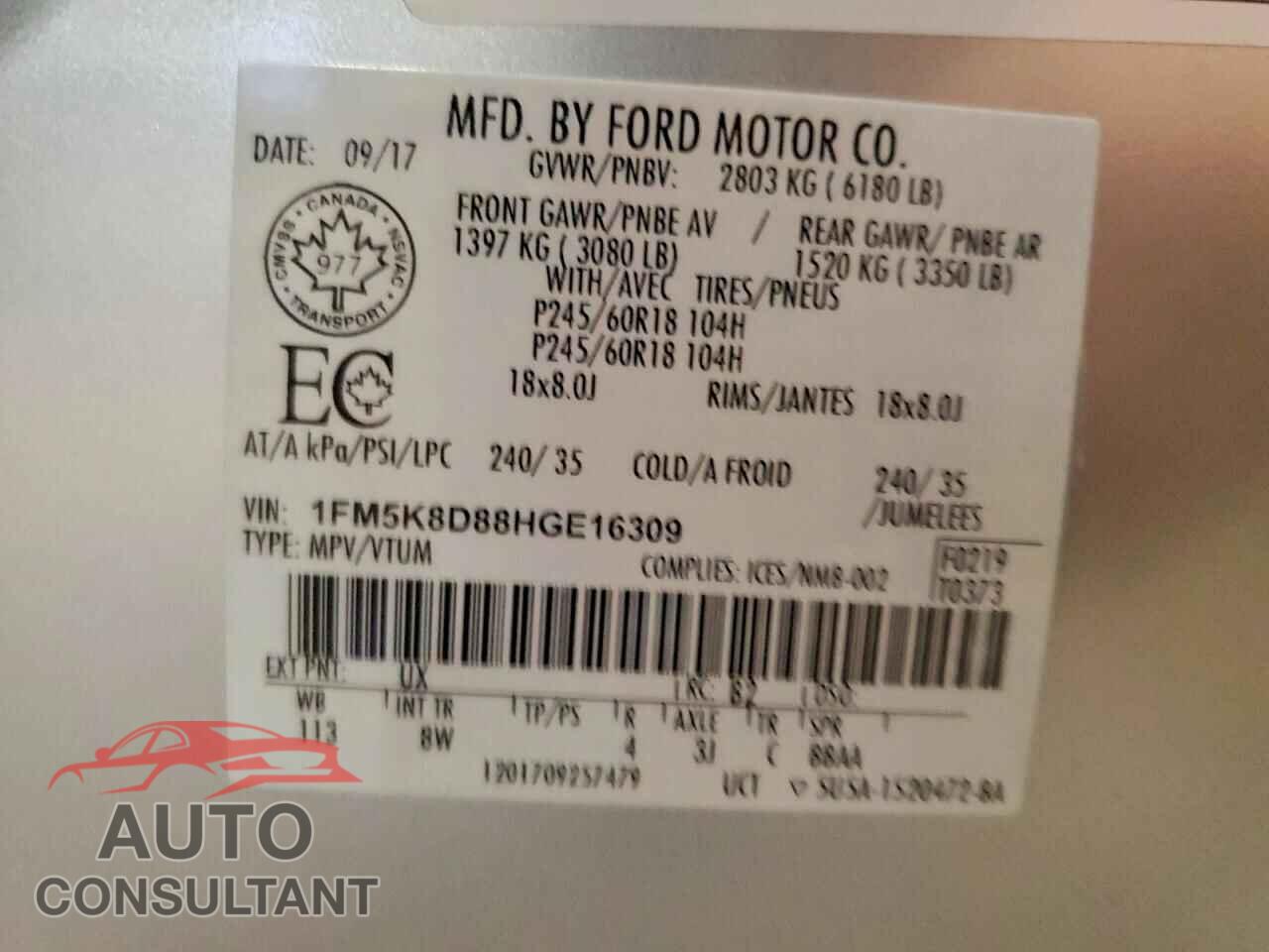 FORD EXPLORER 2017 - 1FM5K8D88HGE16309