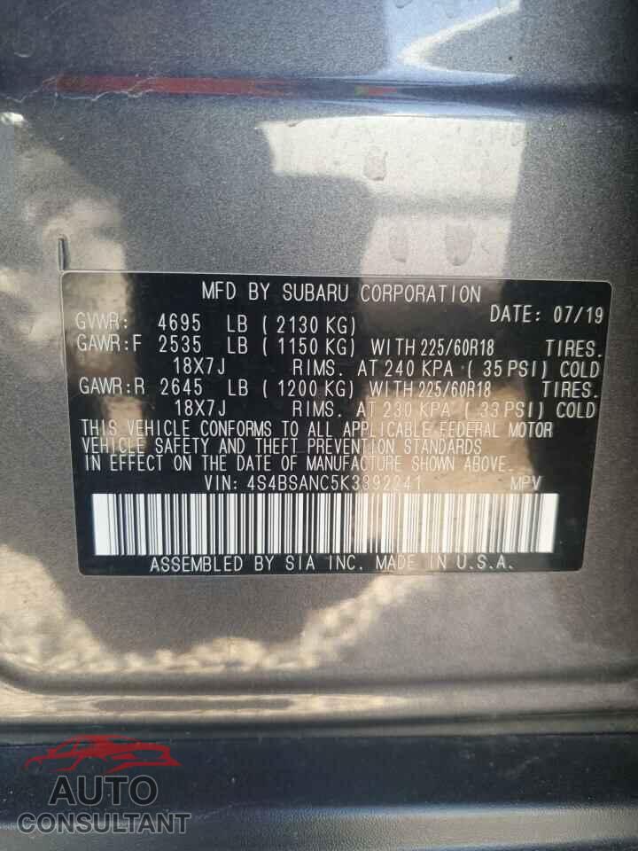 SUBARU OUTBACK 2019 - 4S4BSANC5K3392241