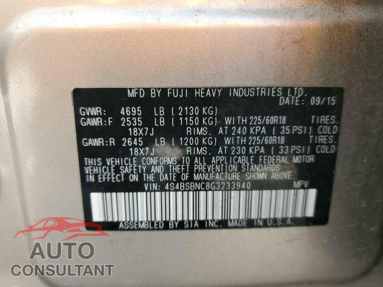 SUBARU OUTBACK 2016 - 4S4BSBNC8G3233940