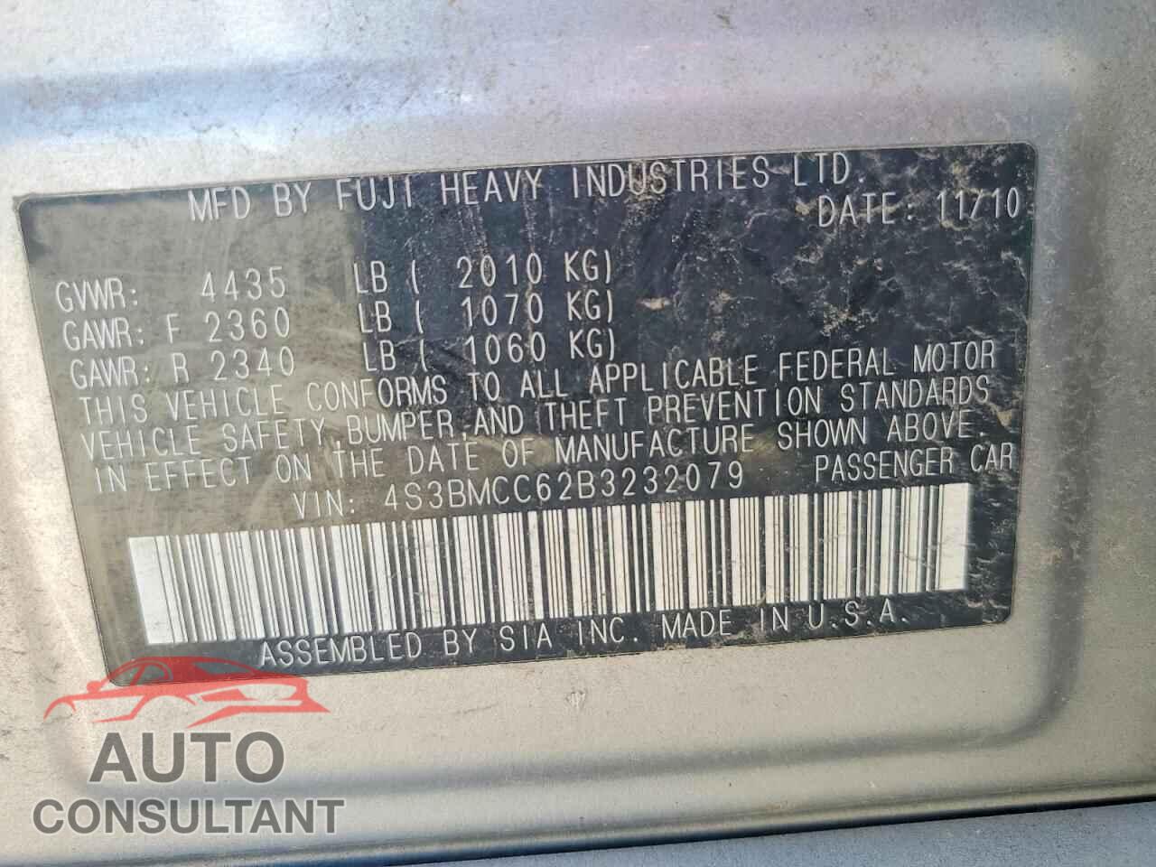 SUBARU LEGACY 2011 - 4S3BMCC62B3232079