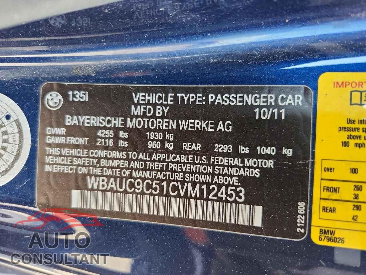 BMW 1 SERIES 2012 - WBAUC9C51CVM12453