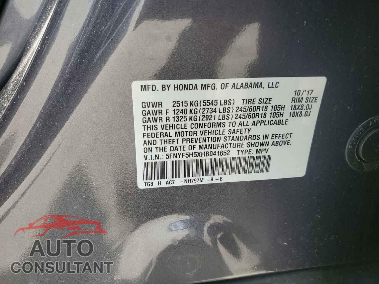HONDA PILOT 2017 - 5FNYF5H5XHB041652
