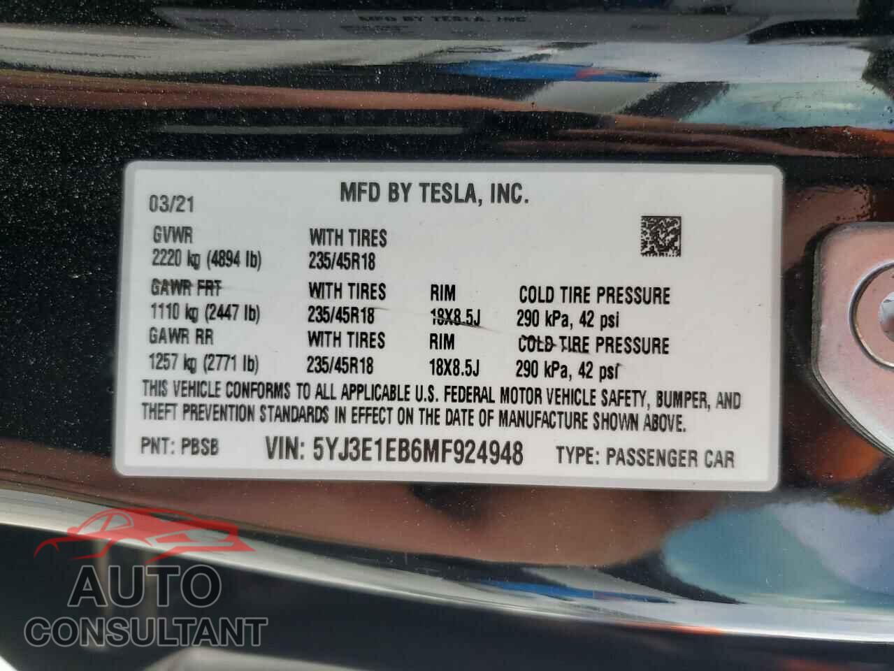 TESLA MODEL 3 2021 - 5YJ3E1EB6MF924948