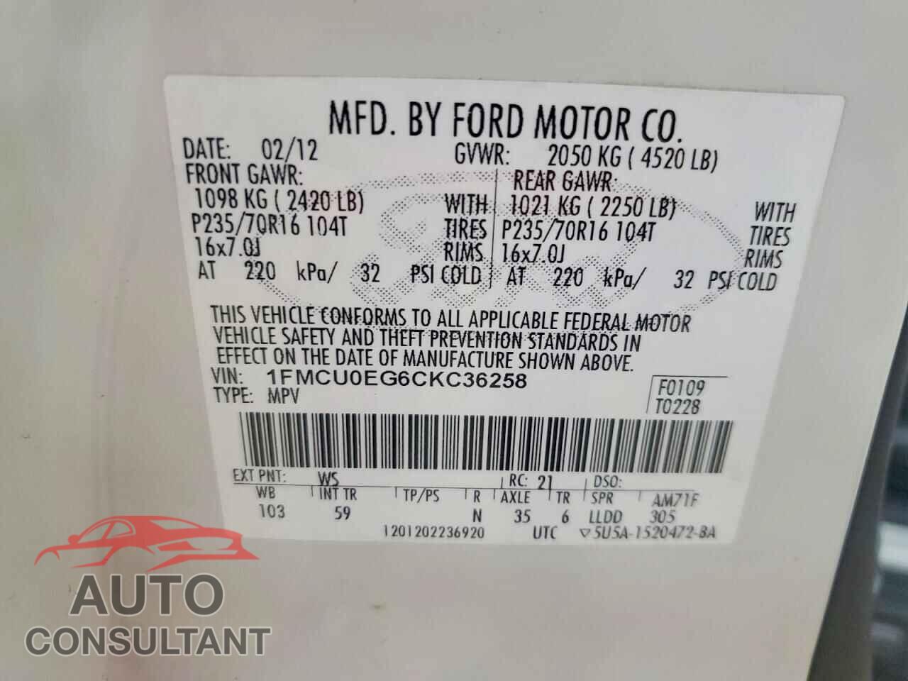 FORD ESCAPE 2012 - 1FMCU0EG6CKC36258