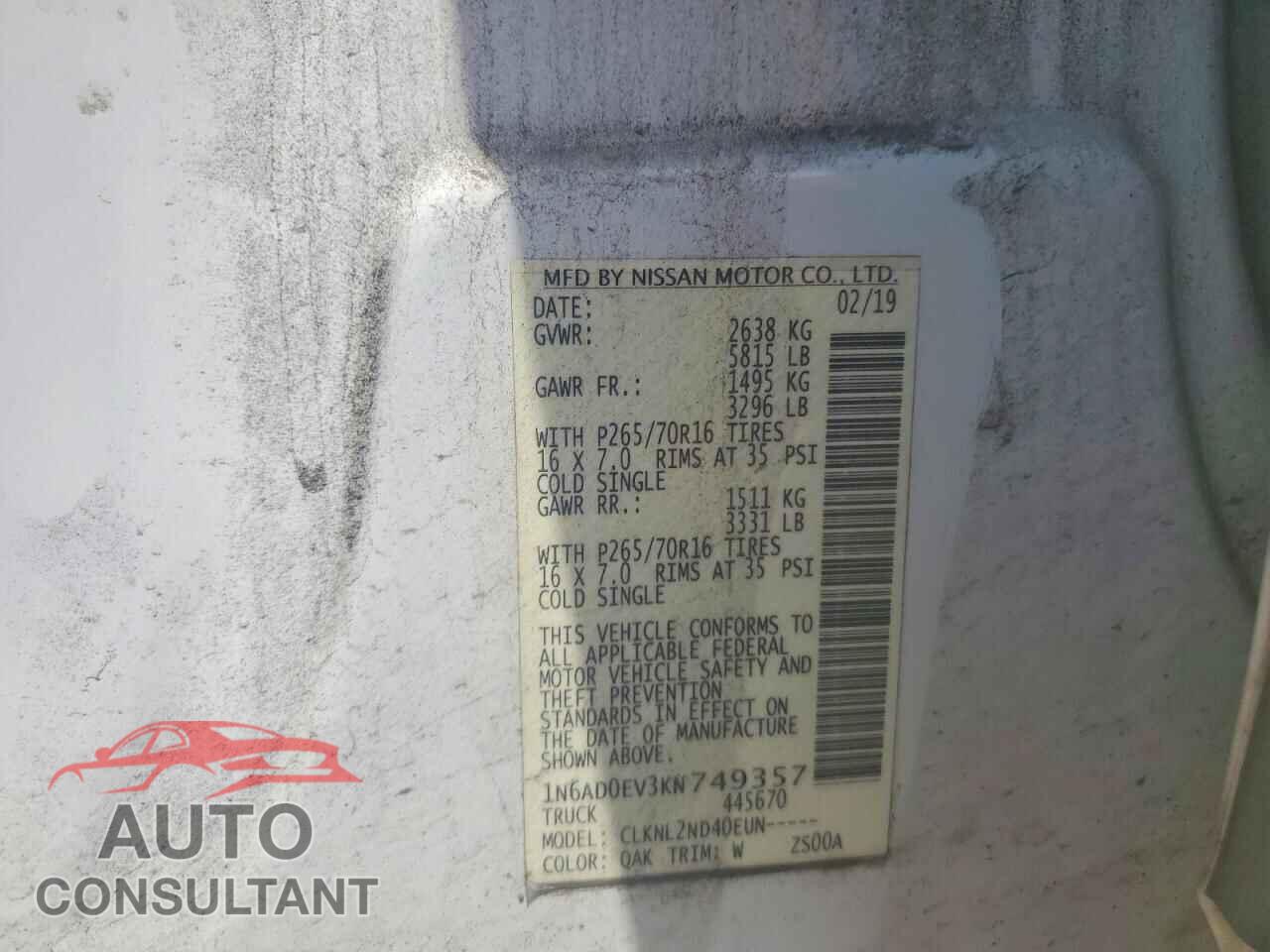 NISSAN FRONTIER 2019 - 1N6AD0EV3KN749357