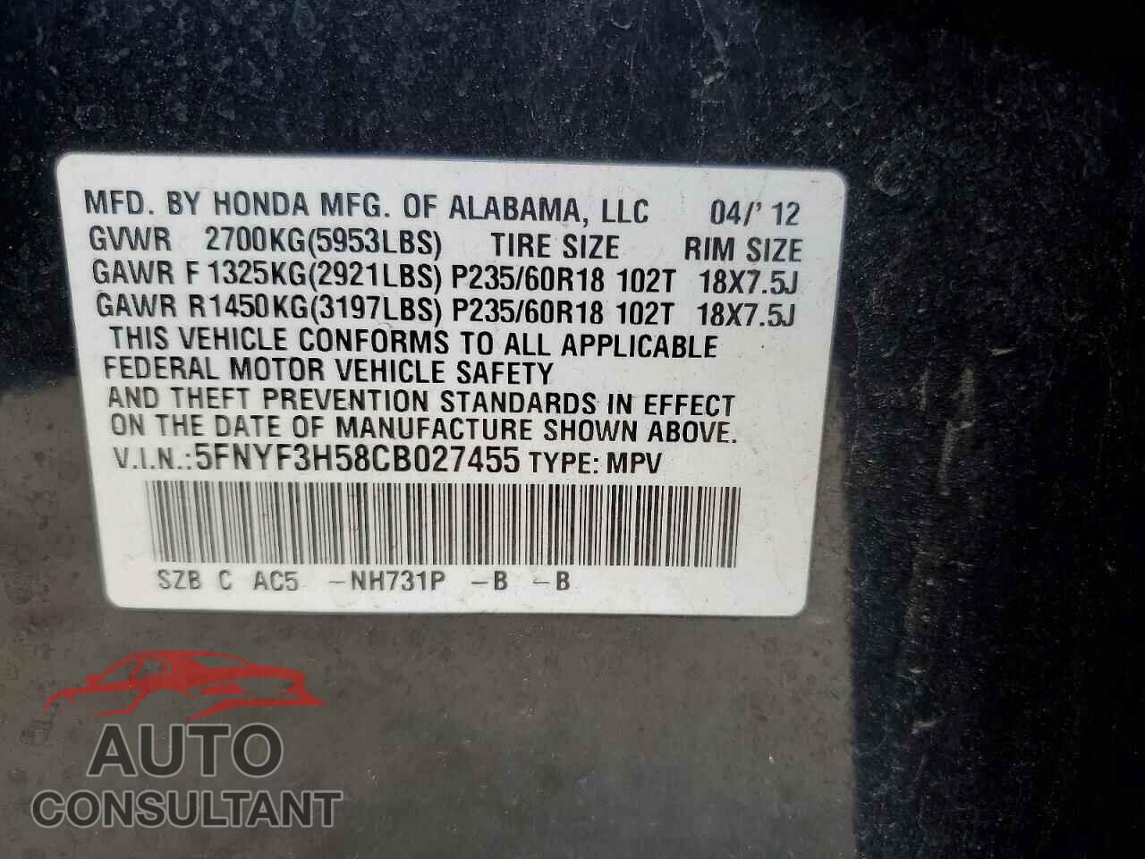 HONDA PILOT 2012 - 5FNYF3H58CB027455