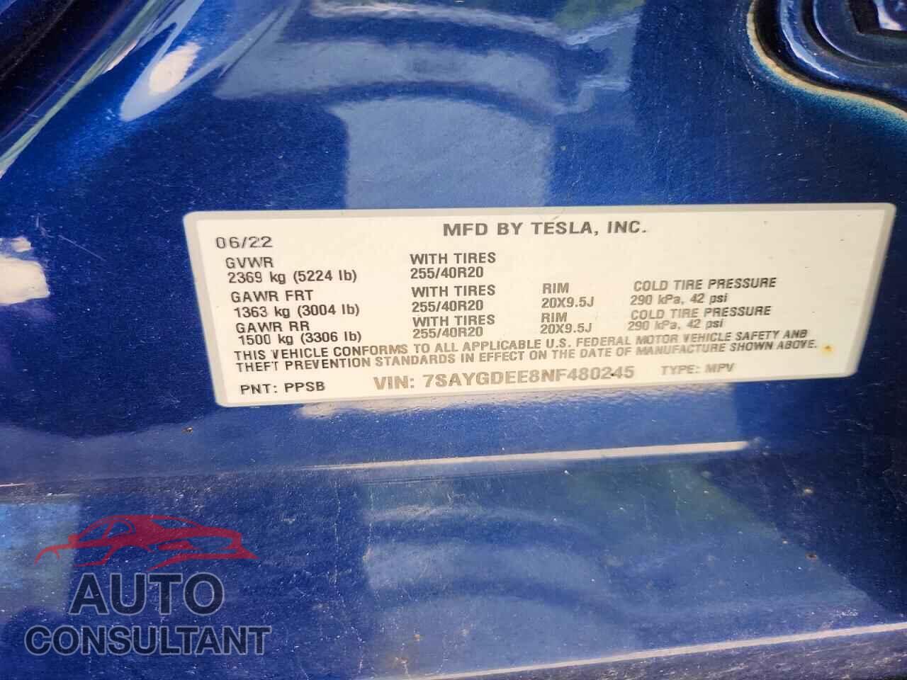 TESLA MODEL Y 2022 - 7SAYGDEE8NF480245