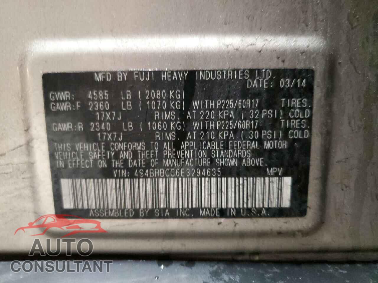 SUBARU OUTBACK 2014 - 4S4BRBCC6E3294635