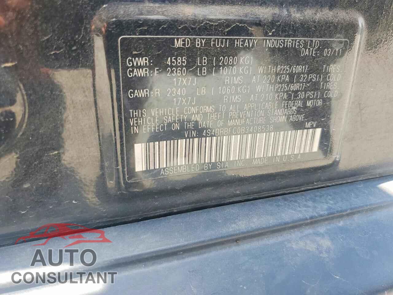 SUBARU OUTBACK 2011 - 4S4BRBFC0B3408538