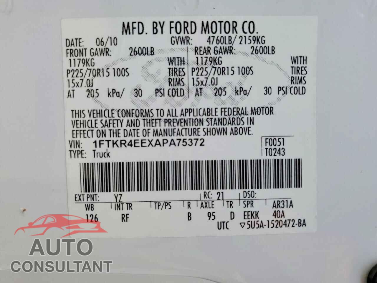 FORD RANGER 2010 - 1FTKR4EEXAPA75372