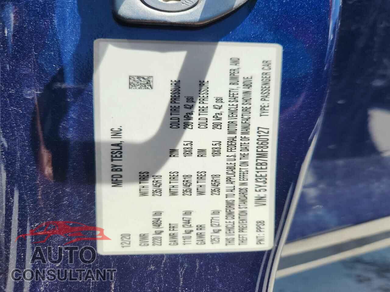 TESLA MODEL 3 2021 - 5YJ3E1EB7MF860127