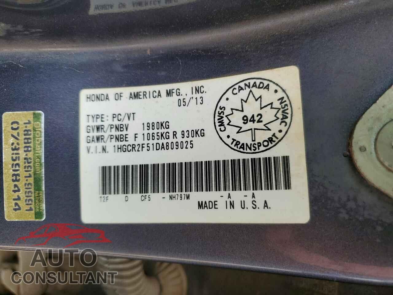 HONDA ACCORD 2013 - 1HGCR2F51DA809025
