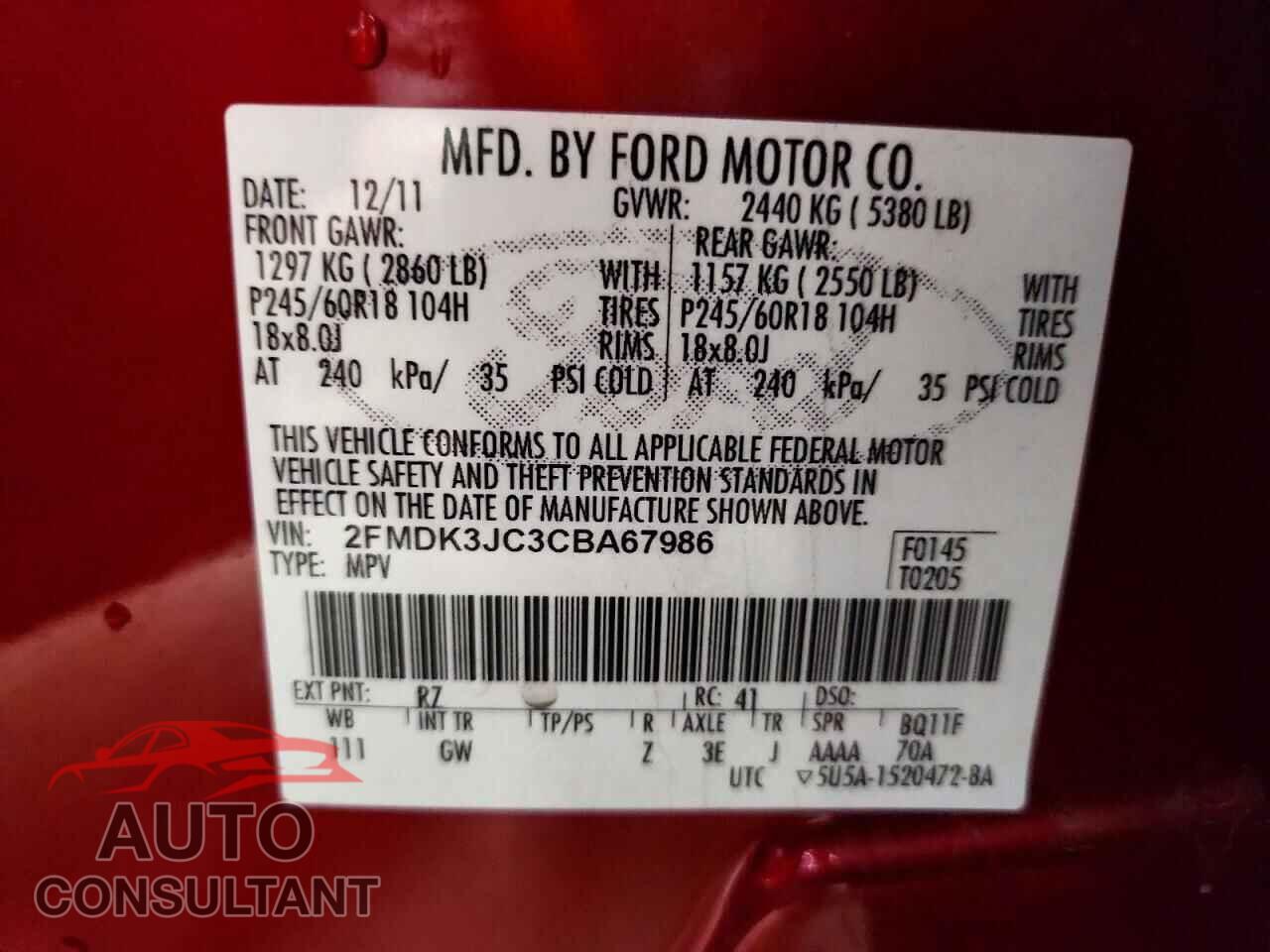 FORD EDGE 2012 - 2FMDK3JC3CBA67986