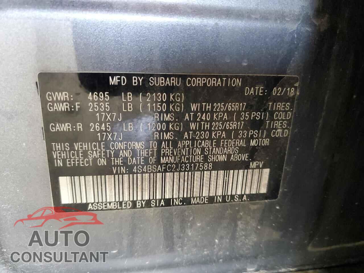SUBARU OUTBACK 2018 - 4S4BSAFC2J3317588