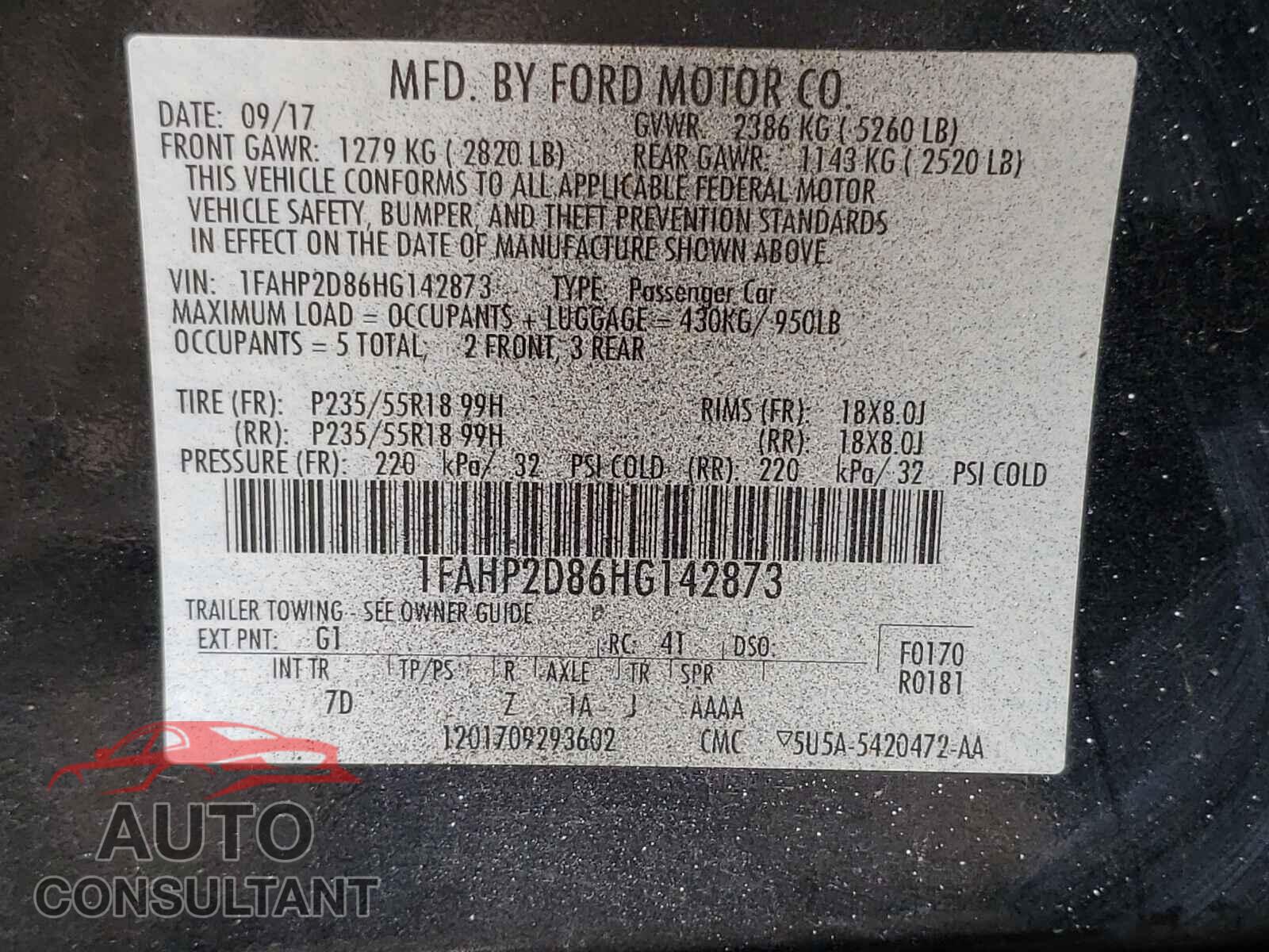 FORD TAURUS 2017 - 1FAHP2D86HG142873