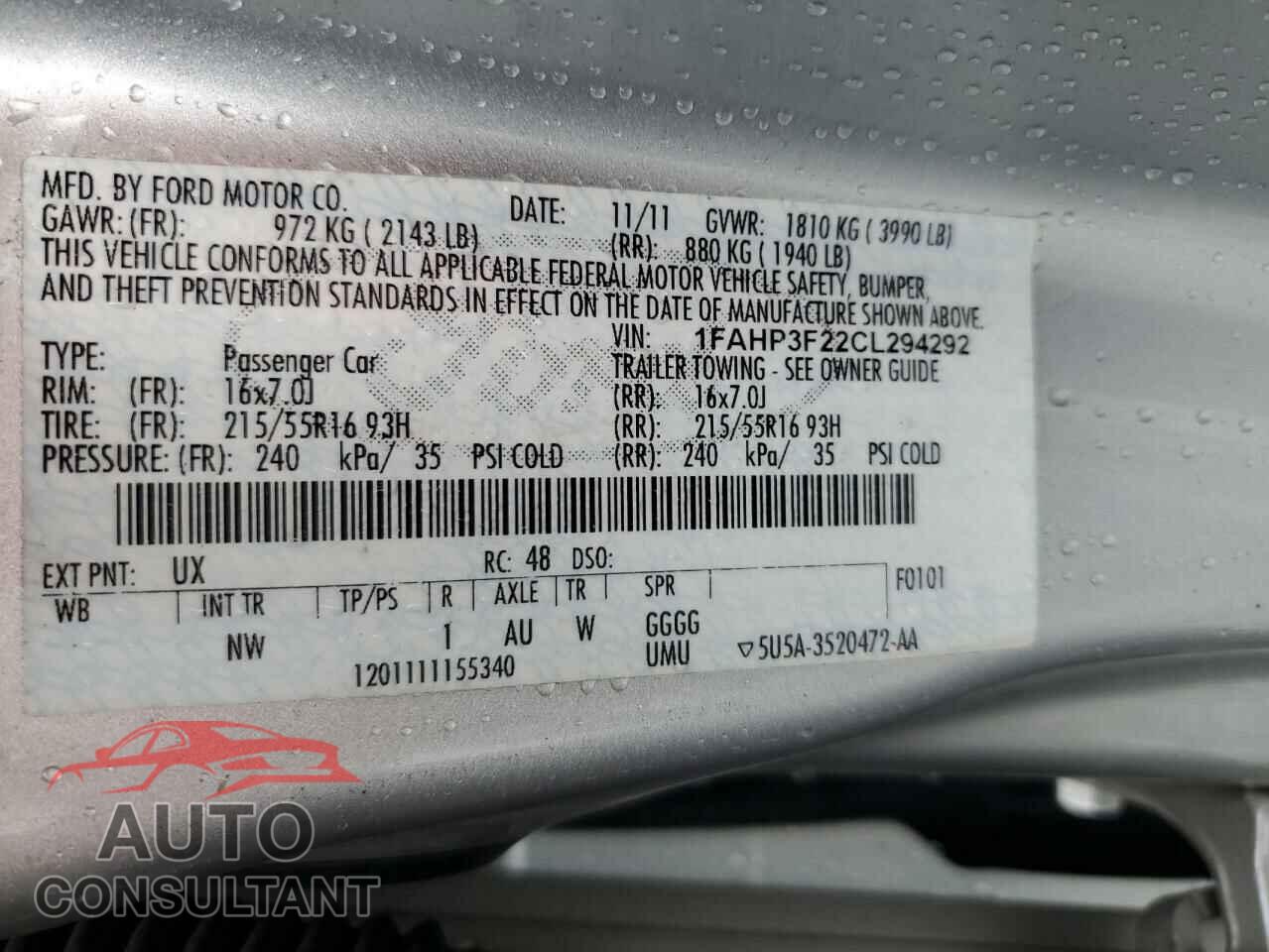 FORD FOCUS 2012 - 1FAHP3F22CL294292