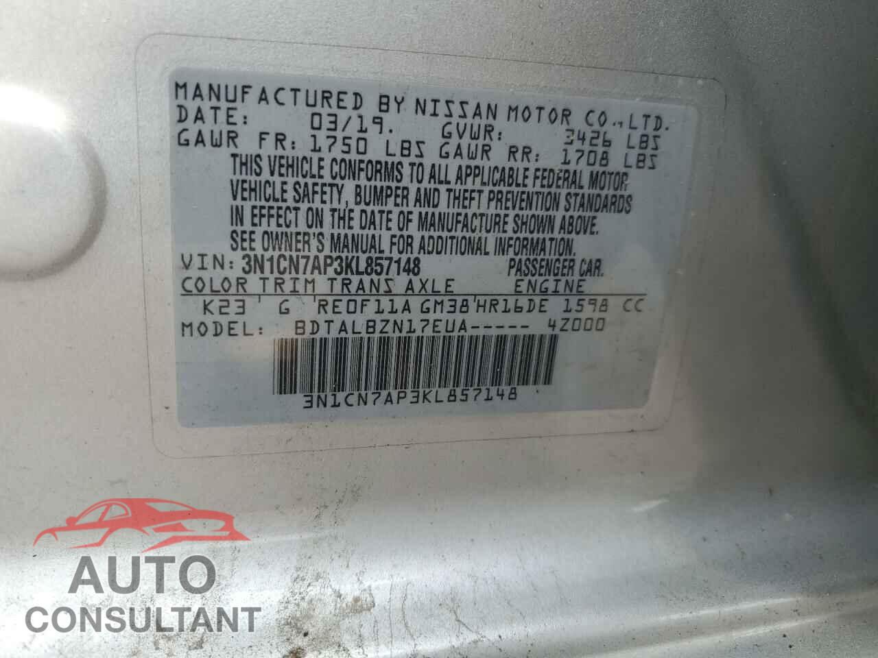 NISSAN VERSA 2019 - 3N1CN7AP3KL857148