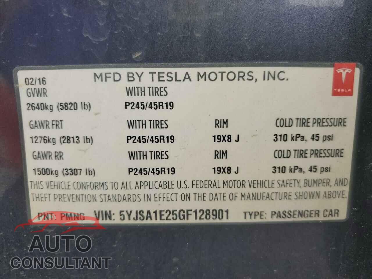 TESLA MODEL S 2016 - 5YJSA1E25GF128901