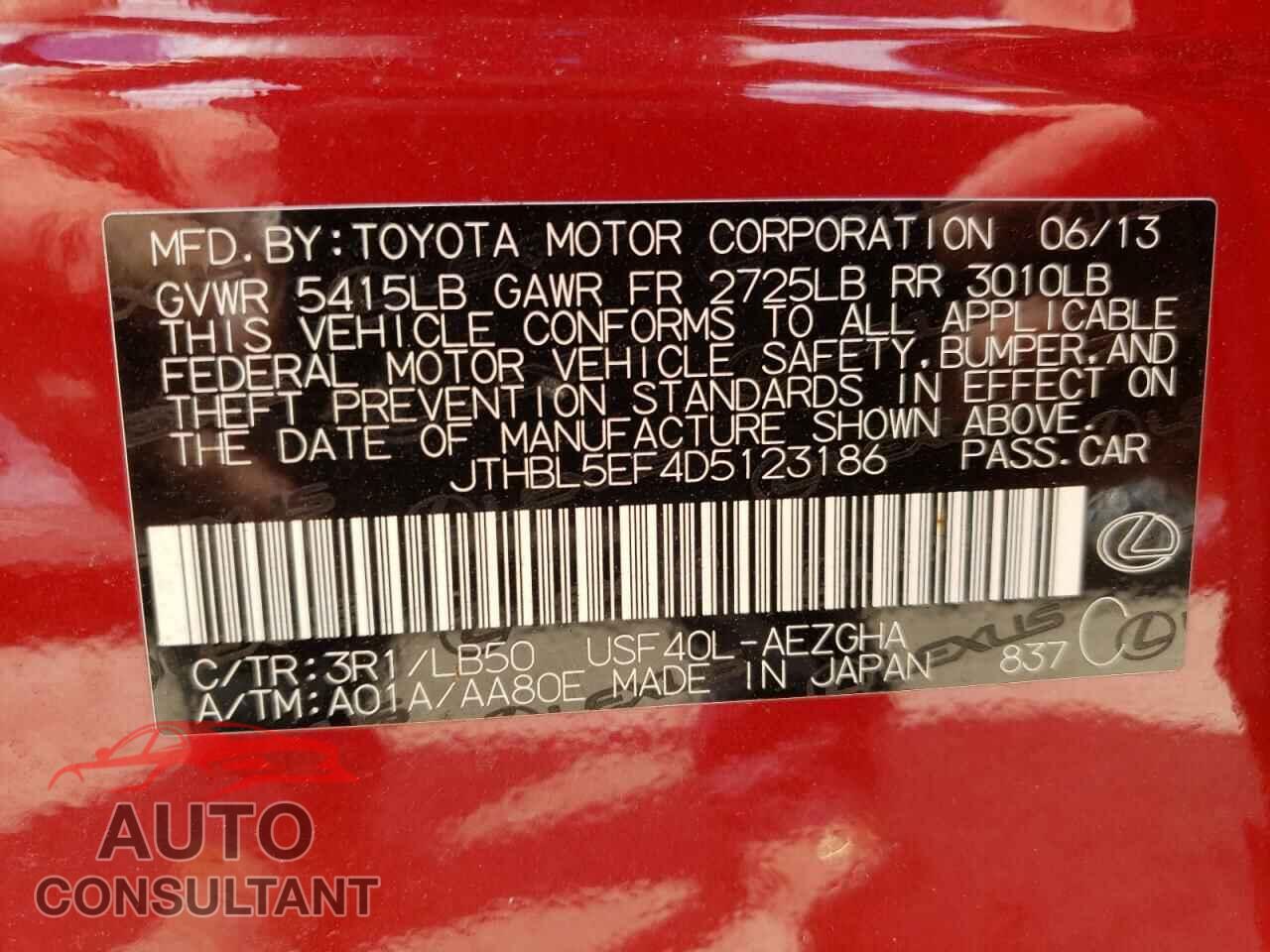 LEXUS LS460 2013 - JTHBL5EF4D5123186