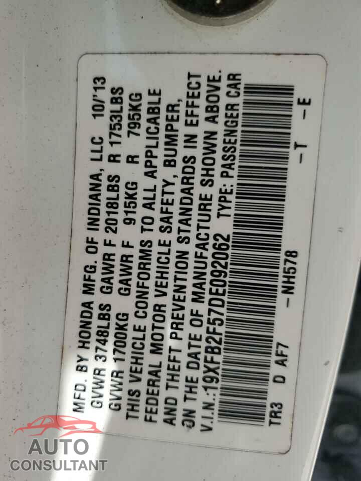 HONDA CIVIC 2013 - 19XFB2F57DE092062