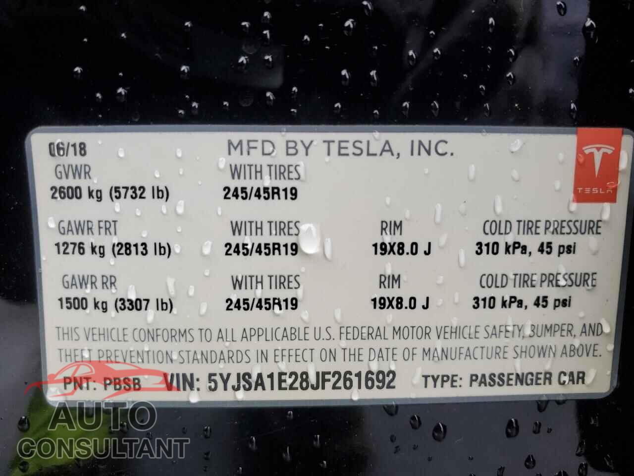 TESLA MODEL S 2018 - 5YJSA1E28JF261692