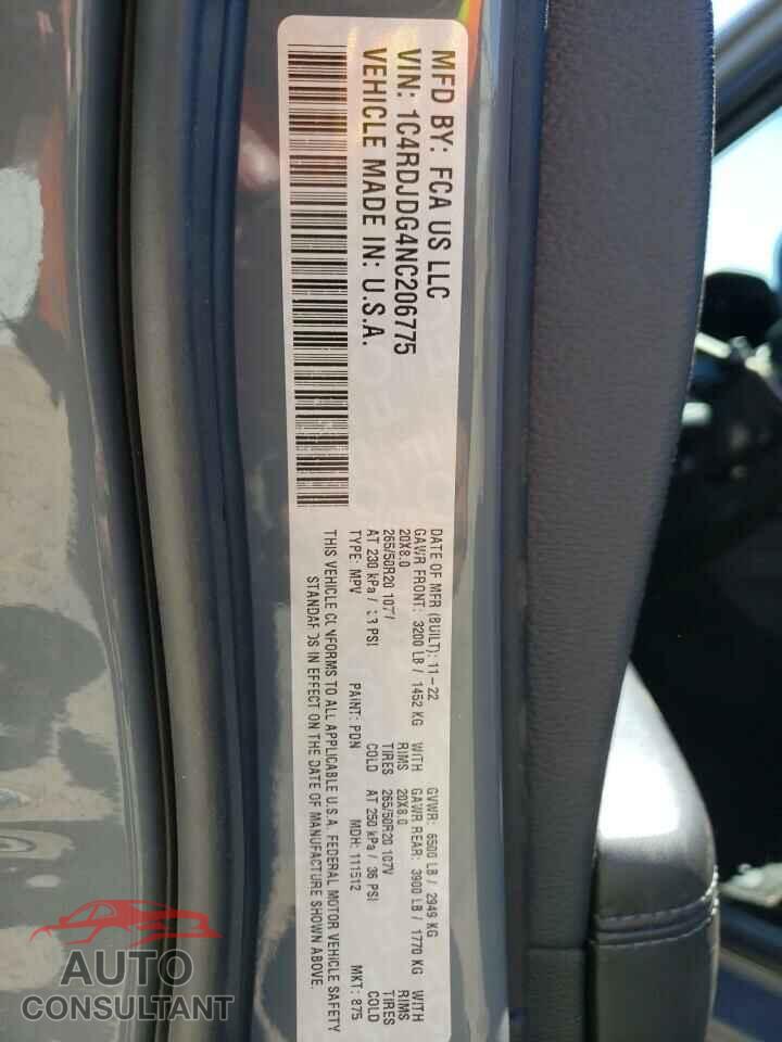DODGE DURANGO 2022 - 1C4RDJDG4NC206775