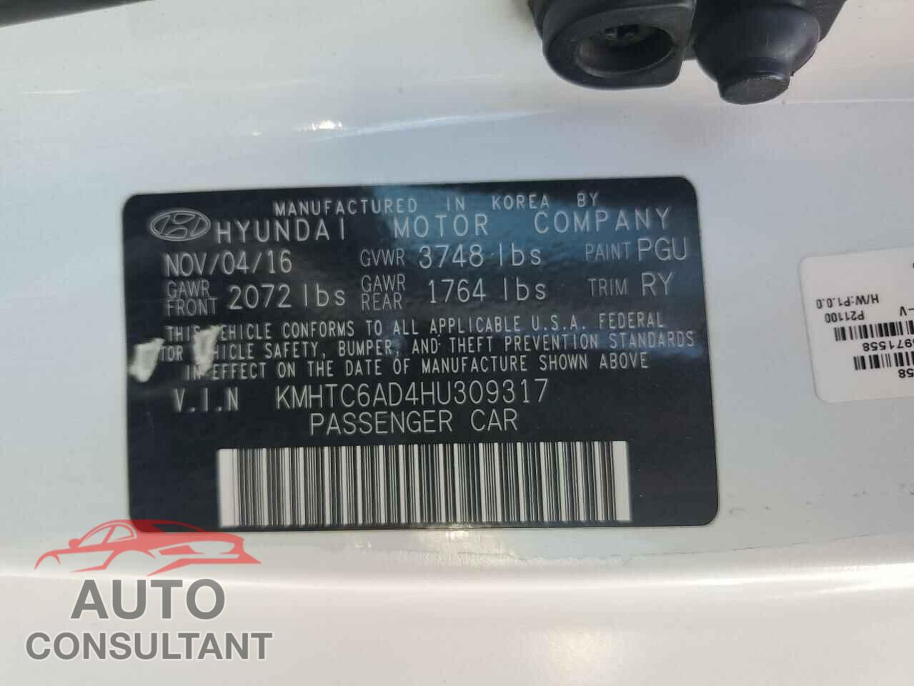 HYUNDAI VELOSTER 2017 - KMHTC6AD4HU309317