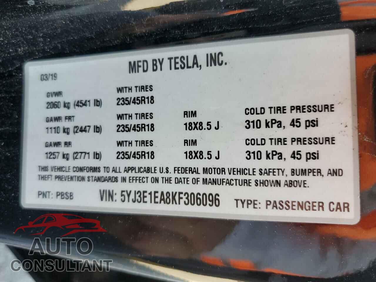 TESLA MODEL 3 2019 - 5YJ3E1EA8KF306096