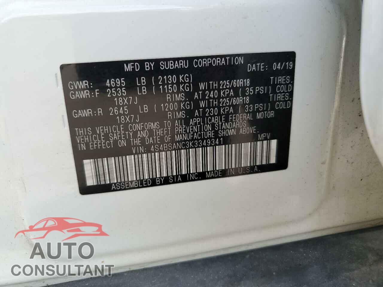 SUBARU OUTBACK 2019 - 4S4BSANC3K3349341