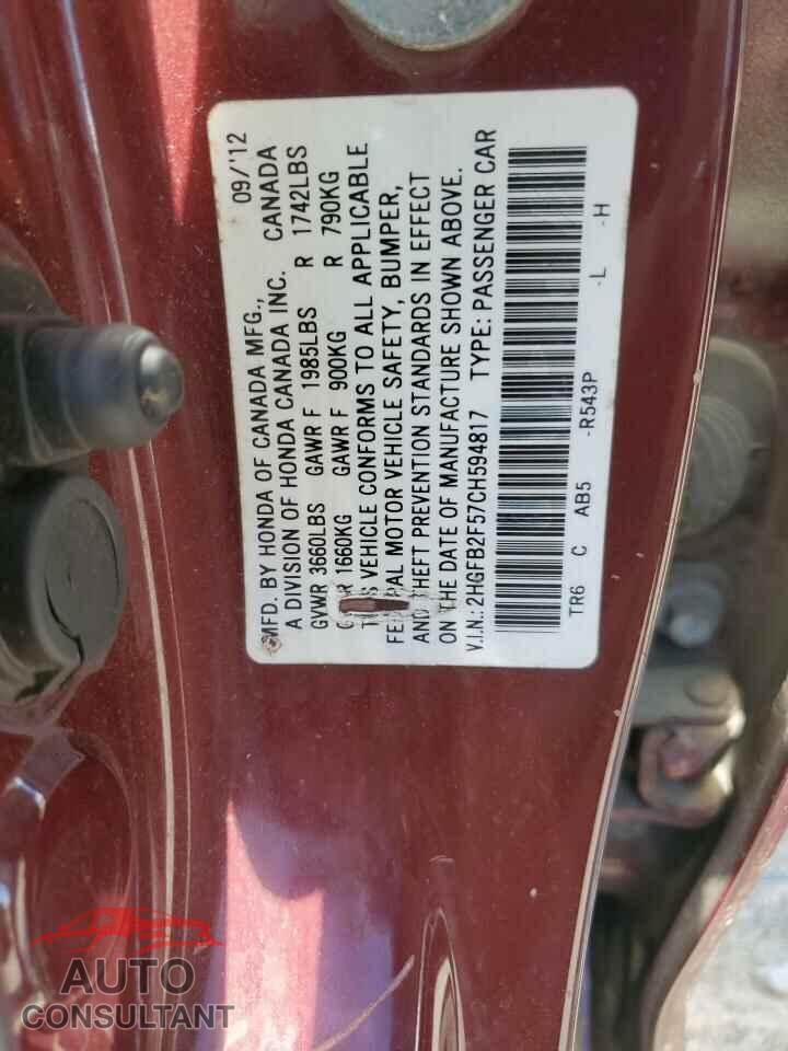 HONDA CIVIC 2012 - 2HGFB2F57CH594817