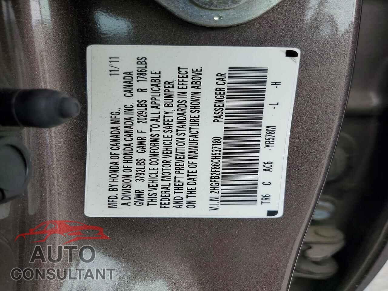 HONDA CIVIC 2012 - 2HGFB2F86CH537180