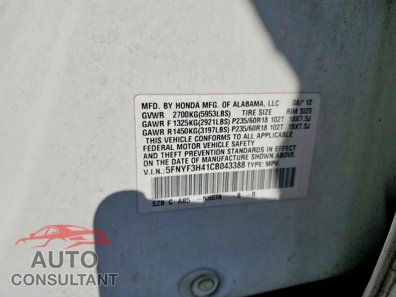 HONDA PILOT 2012 - 5FNYF3H41CB043388
