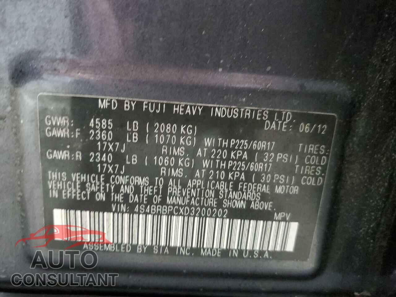 SUBARU OUTBACK 2013 - 4S4BRBPCXD3200202