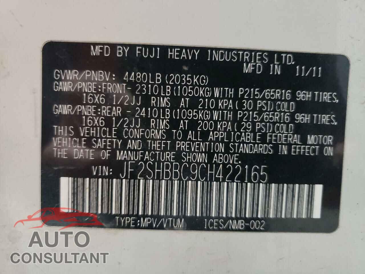 SUBARU FORESTER 2012 - JF2SHBBC9CH422165
