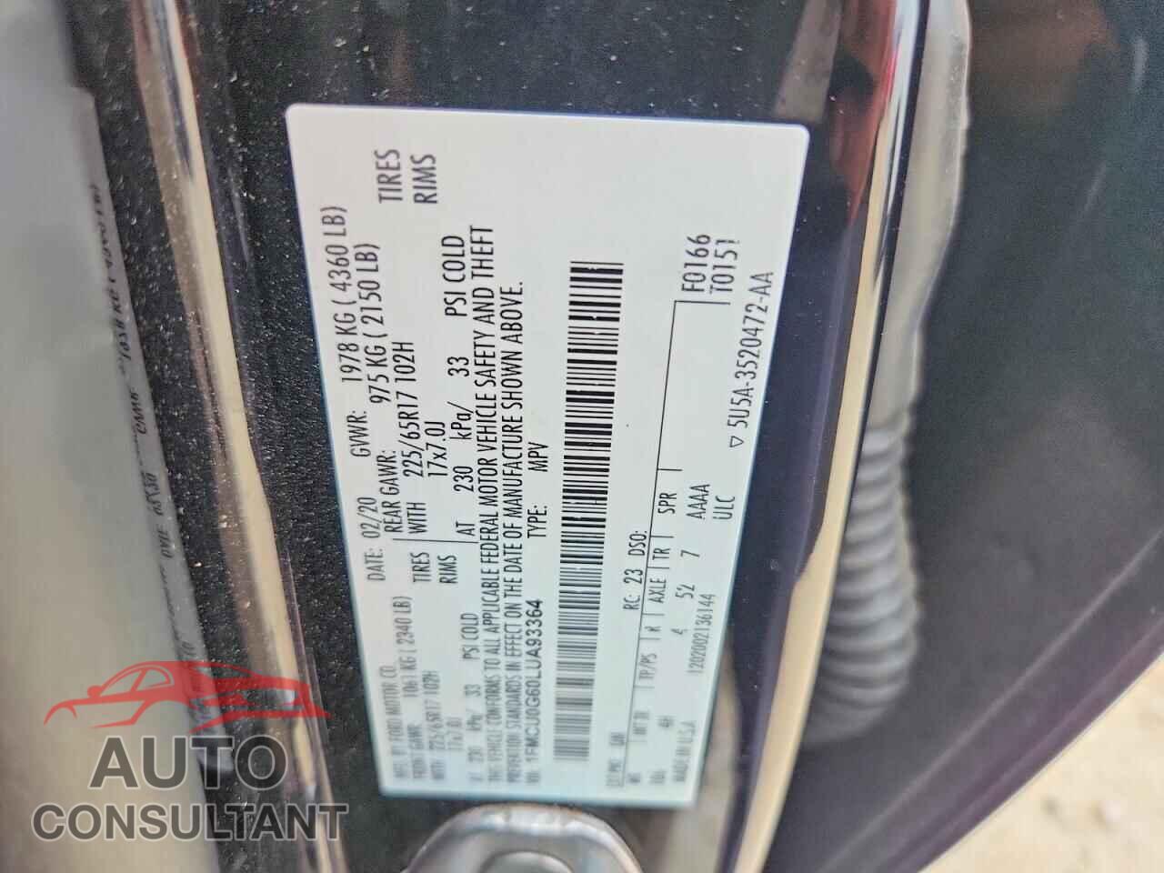 FORD ESCAPE 2020 - 1FMCU0G60LUA93364