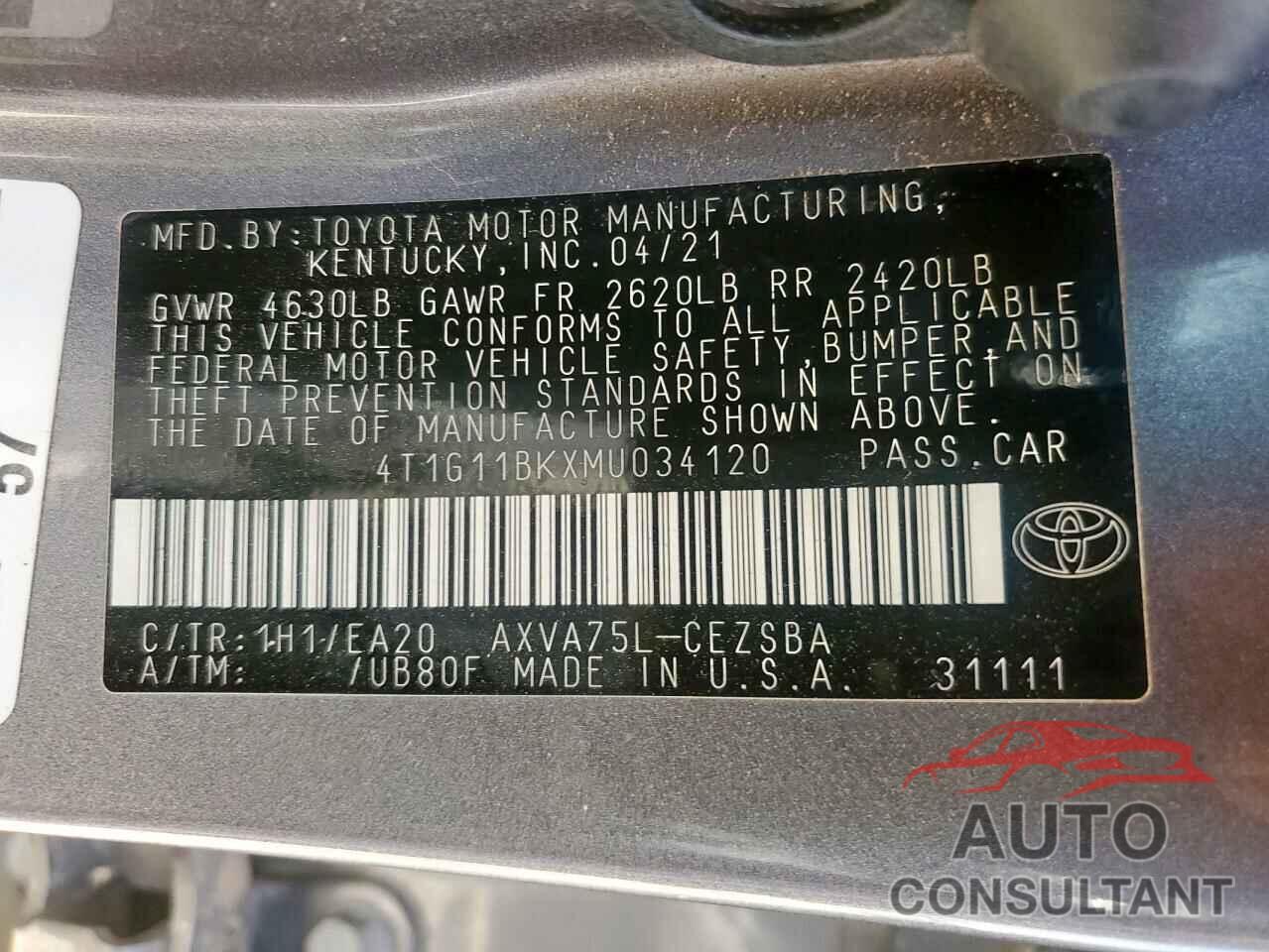 TOYOTA CAMRY 2021 - 4T1G11BKXMU034120