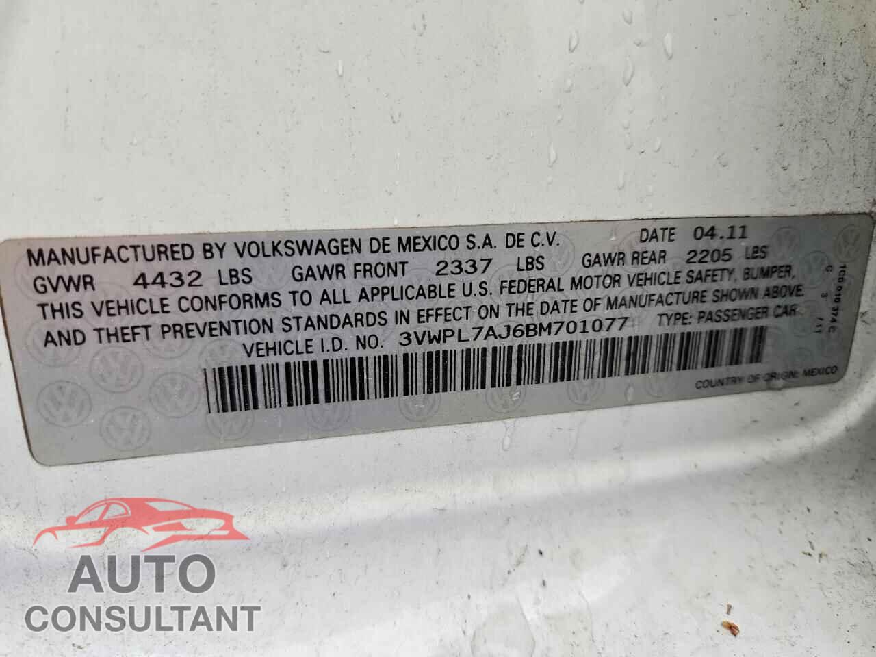 VOLKSWAGEN JETTA 2011 - 3VWPL7AJ6BM701077