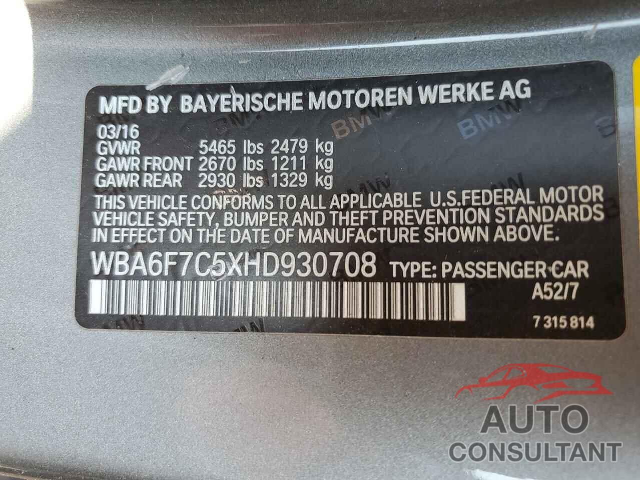 BMW 6 SERIES 2017 - WBA6F7C5XHD930708
