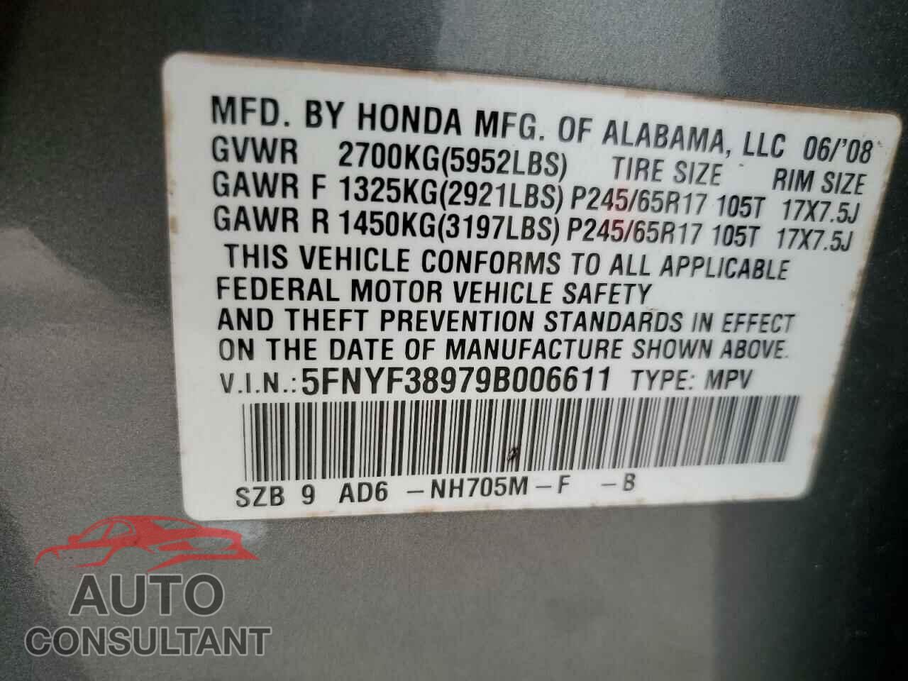 HONDA PILOT 2009 - 5FNYF38979B006611