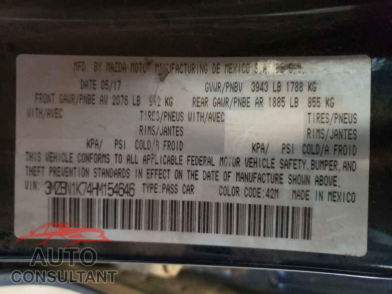 MAZDA 3 2017 - 3MZBN1K74HM154646
