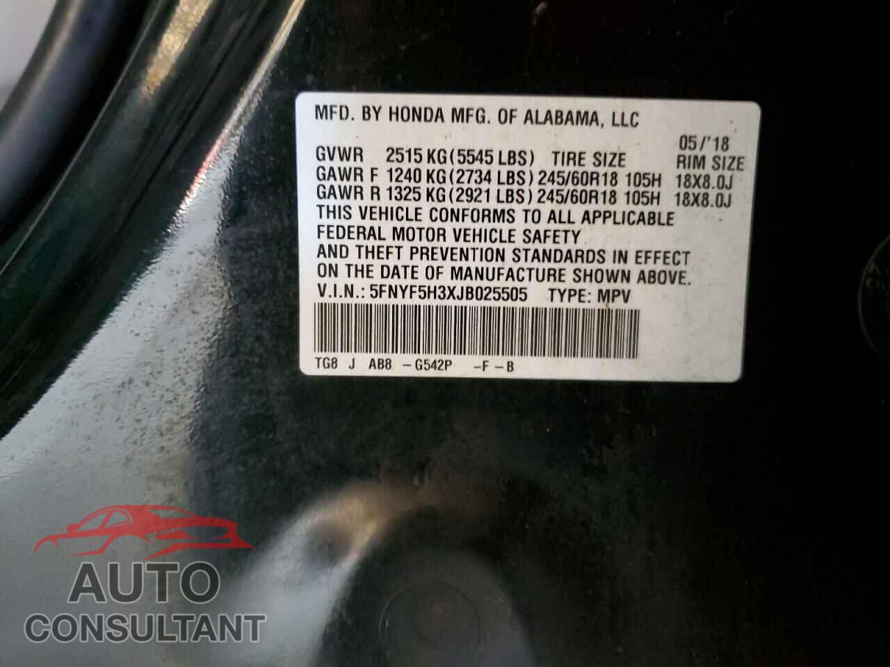 HONDA PILOT 2018 - 5FNYF5H3XJB025505