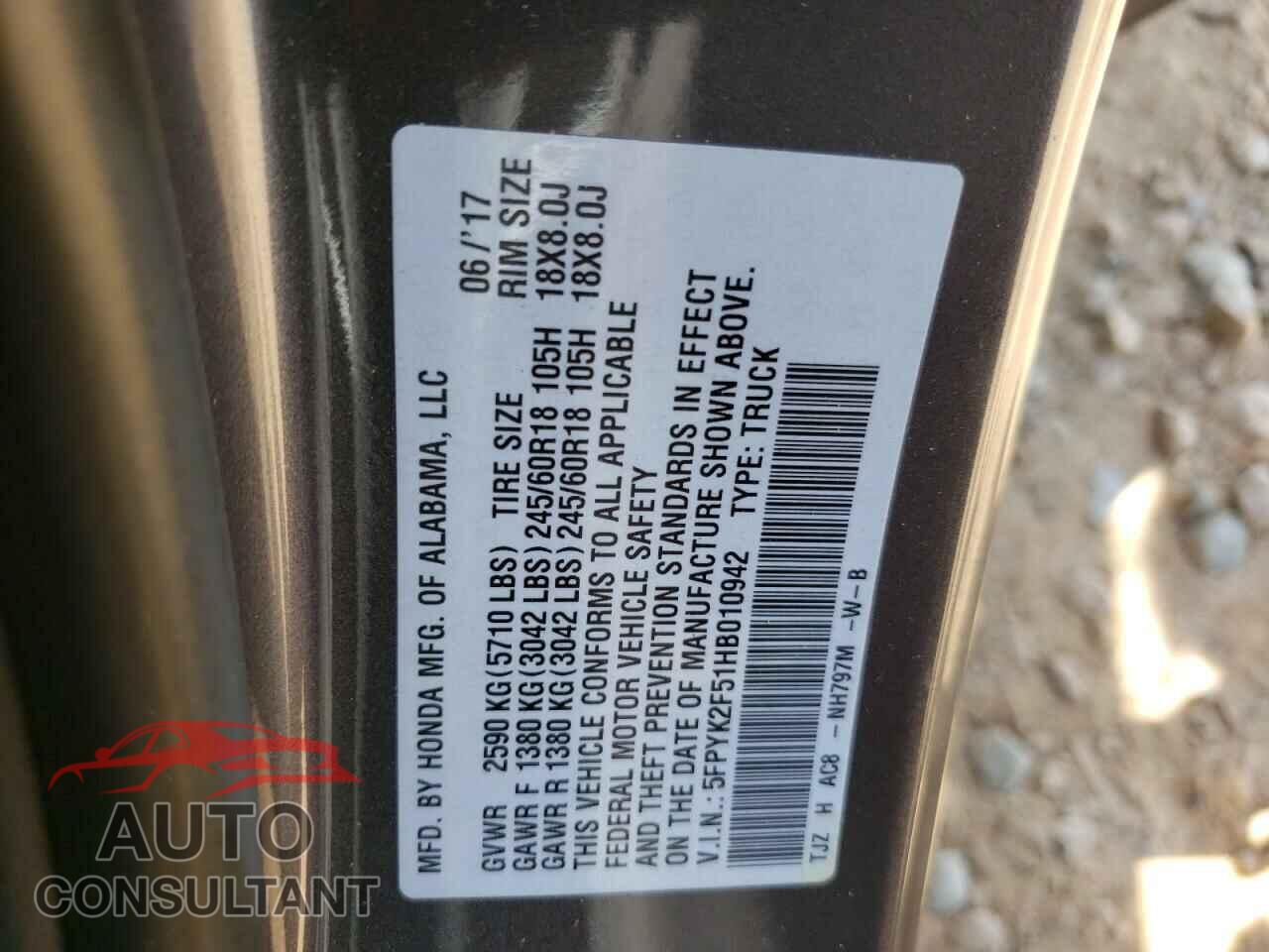 HONDA RIDGELINE 2017 - 5FPYK2F51HB010942