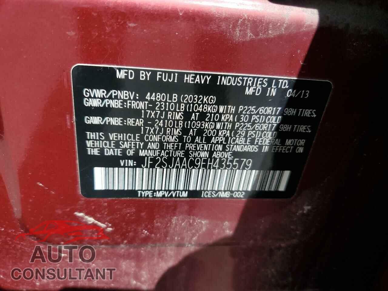 SUBARU FORESTER 2014 - JF2SJAAC9EH435579