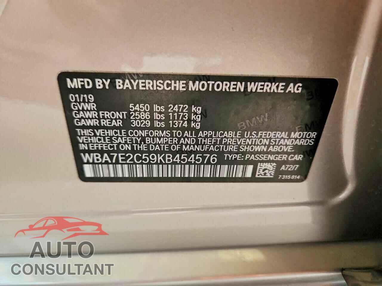 BMW 7 SERIES 2019 - WBA7E2C59KB454576
